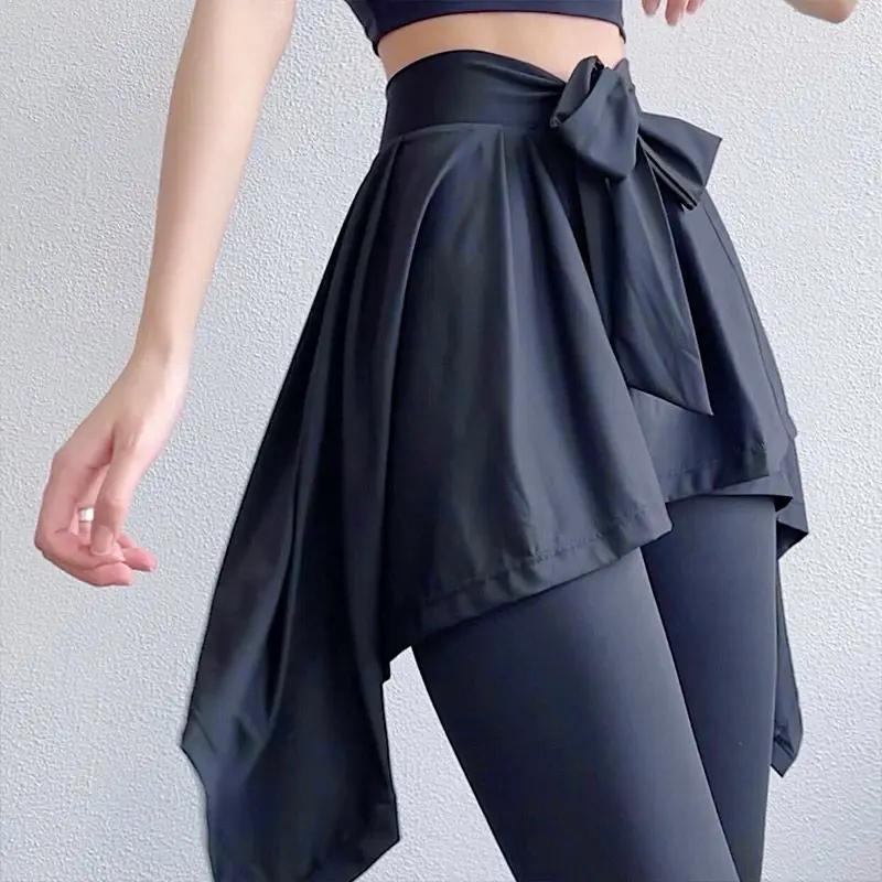 Open-Crotch Pants False-Two-Piece Skirted Leggings Sports Running Fitness Pants Casual Outerwear TrousersDouble-Head